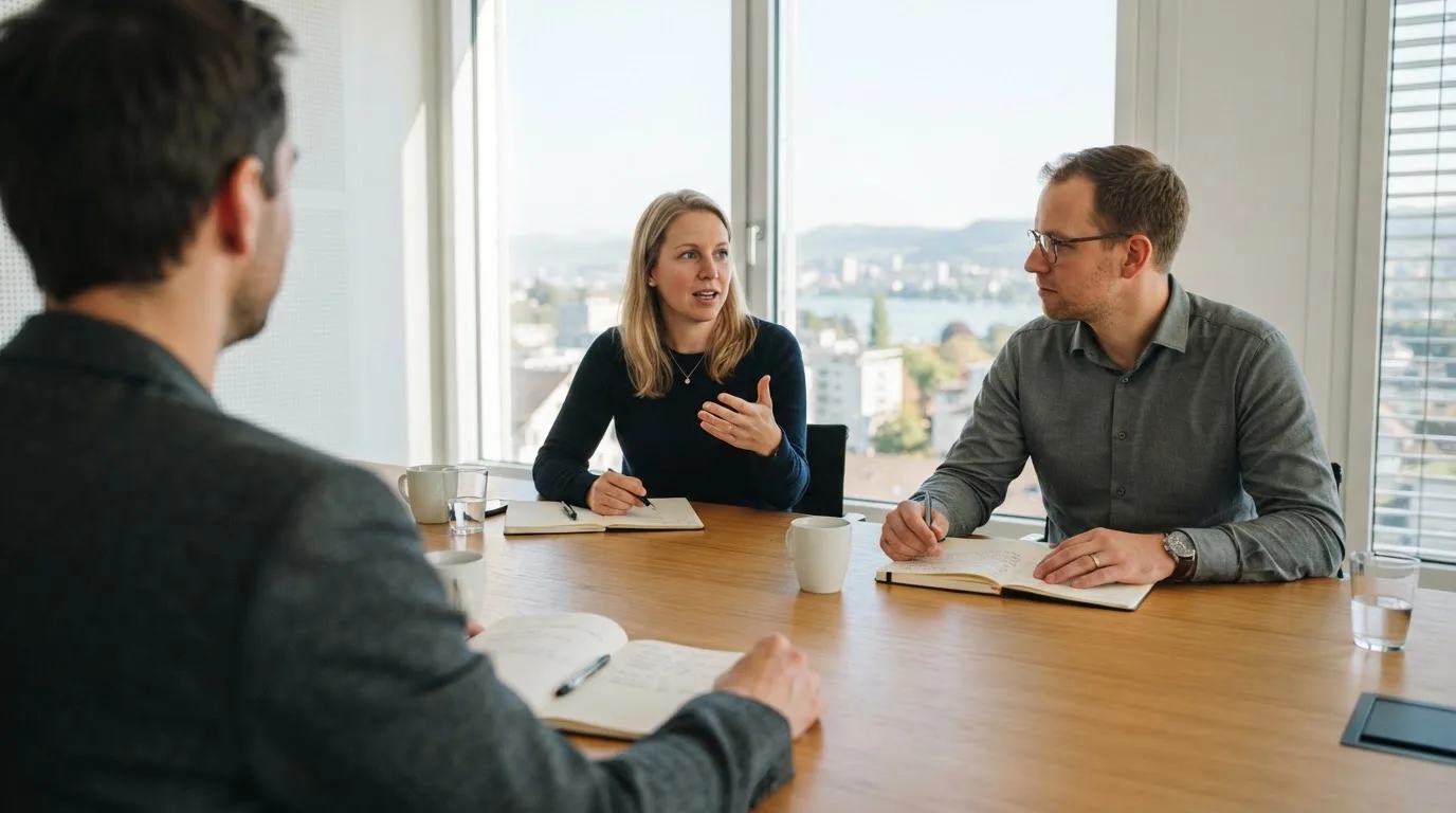 Gruppe von drei Personen sitzt an einem Besprechungstisch mit aufgeklappten Notizbüchern, Tageslicht durch grosse Fenster.
